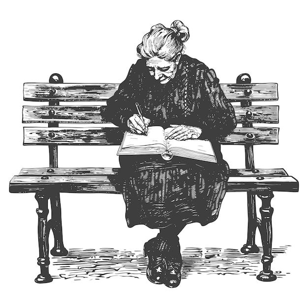 elderly woman writing on the book sitting on the park with engraving style