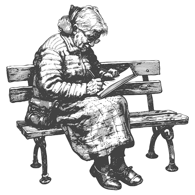 elderly woman writing on the book sitting on the park with engraving style