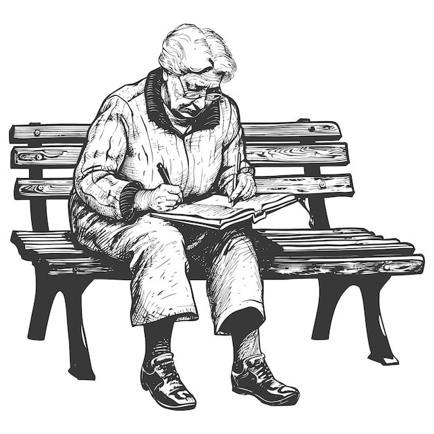 elderly woman writing on the book sitting on the park with engraving style