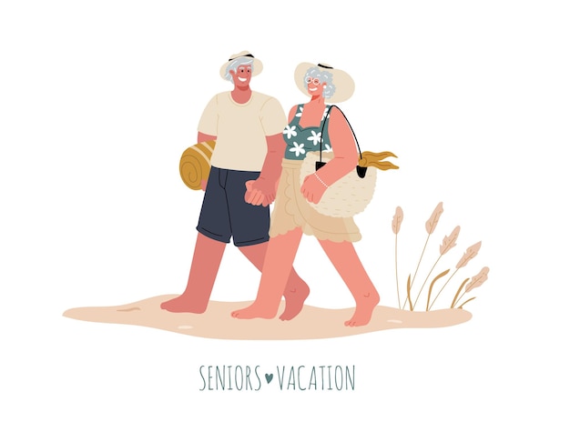 Eldery people wearing hand and sunglasses on vacation,ocean,relaxing,together,partnership,active in age.A couple of old people in swimsuits are walking along the beach holding hands.Vector ,flat