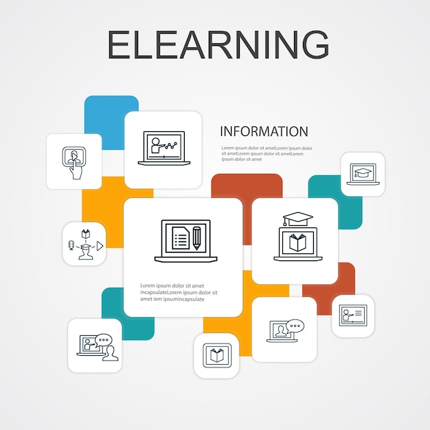 ELearning Infographic 10 line icons template Distance Learning Online Training Video training Webinar simple icons