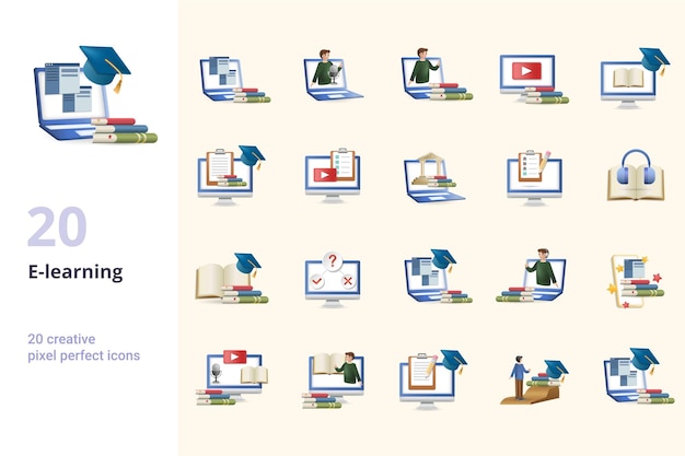 Elearning set creative icons distance learning webinar