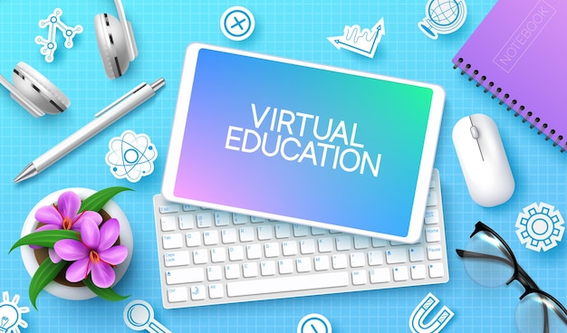 Elearning vector background design Virtual education text in tablet phone keyboard and mouse