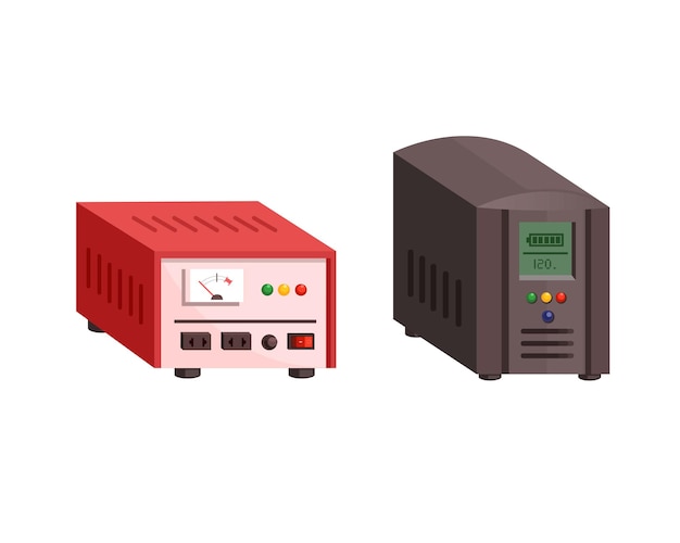 Electical Stabilizer and UPS Battery comparison voltage stabilizer device object set illustration