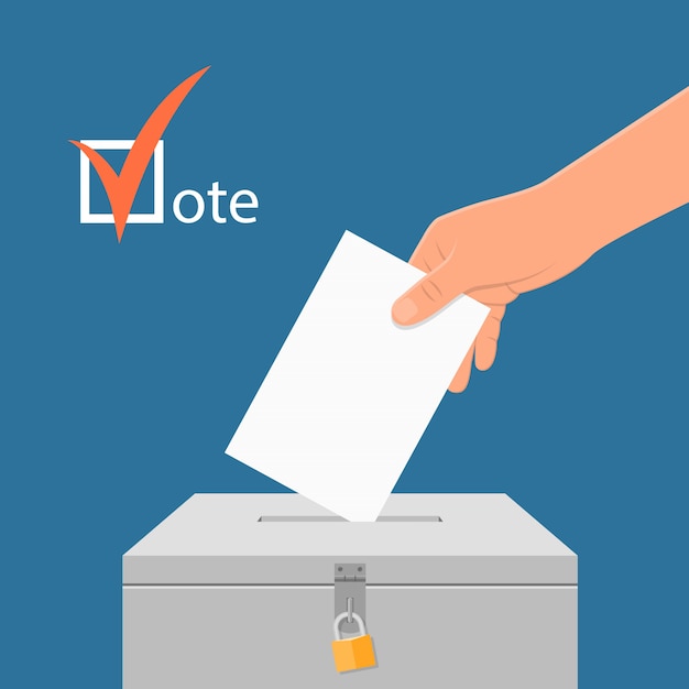 Election day concept illustration. Hand putting voting paper in the ballot box. Voting concept in flat style.