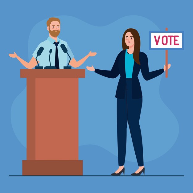 Vector election day man on podium and woman holding vote placard design, president government and campaign theme