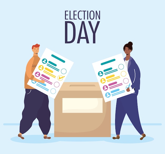 Vector election day with interracial couple lifting voting cards in box