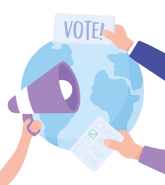 Vector election day, world hands with megaphone ballot campaign vector illustration