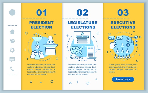 Election onboarding mobile web pages vector template. President, legislature. Responsive smartphone website interface idea with linear illustrations. Webpage walkthrough step screens. Color concept