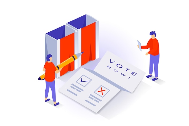 Election and voting concept in 3d isometric design People vote at polling station ticking checkbox in paper form for chosen politician Vector illustration with isometry scene for web graphic