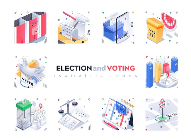 Election and Voting isometric icons set Polling stations list of candidates election day