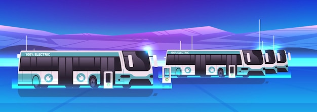 Electric buses charging battery vehicles at recharging power station charger EV management sustainable transport