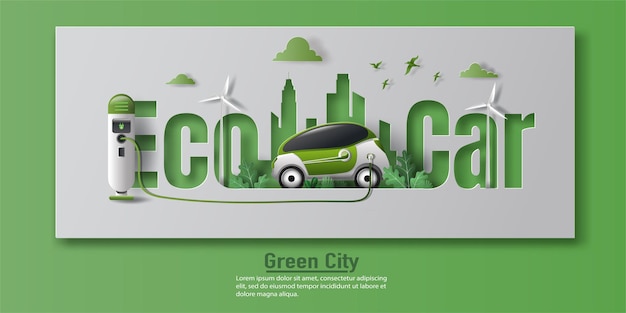 Electric car banner design with EV charger station in a modern city.