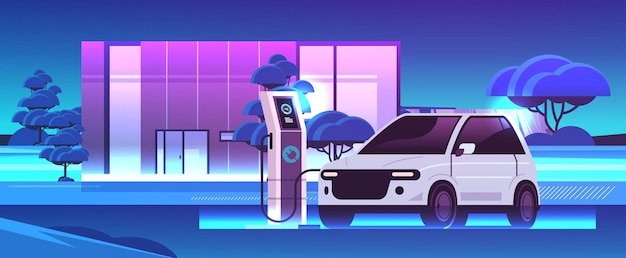 electric car charging battery vehicle at recharging power station charger EV management sustainable transport concept horizontal vector illustration