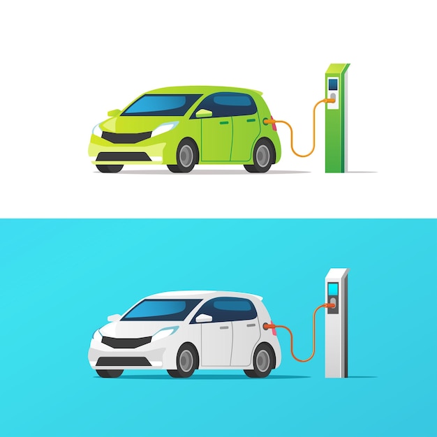 Electric car. Charging at the charger station.  illustration.