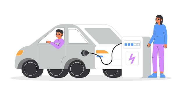 Electric car charging electricity energy environmental care concept flat vector illustration