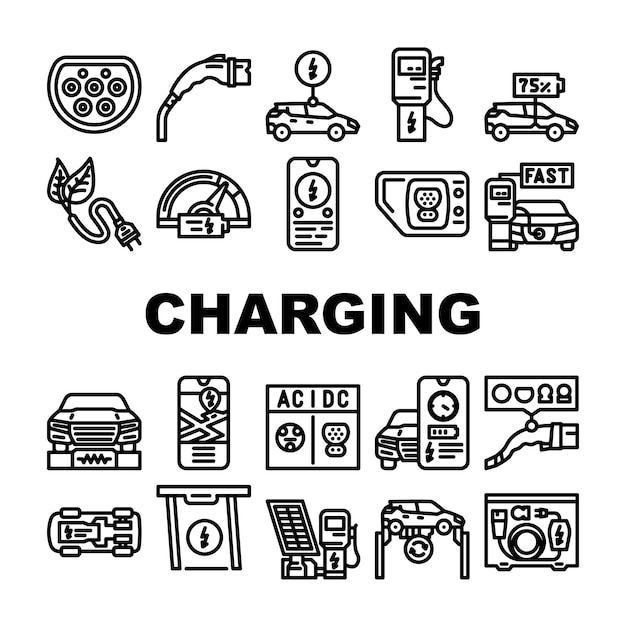 Vector electric car charging icons set vector station energy vehicle auto battery green recharge power hybrid transport electric car charging black contour illustrations