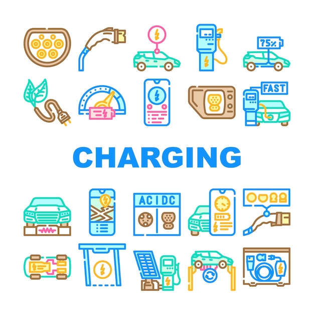 Vector electric car charging icons set vector station energy vehicle auto battery green recharge power hybrid transport electric car charging color line illustrations