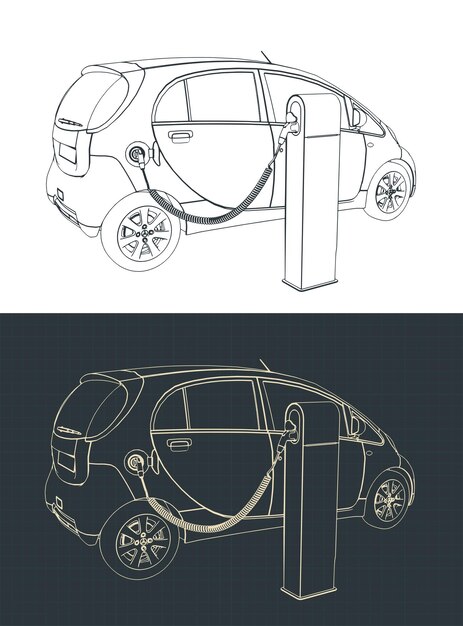 Vector electric car and charging station technical drawings