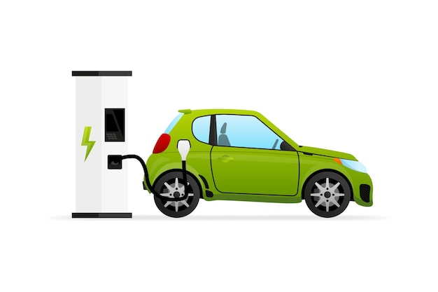 Electric car on Charging Station Vehicle being charged Battery EV vehicle plugged and getting electricity Vector illustration