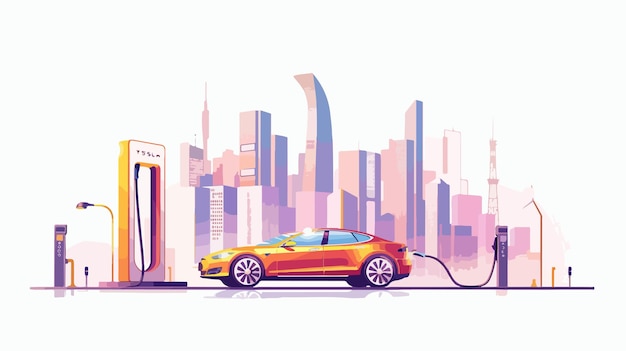 Electric Car Parking and Charging Vector Illustration