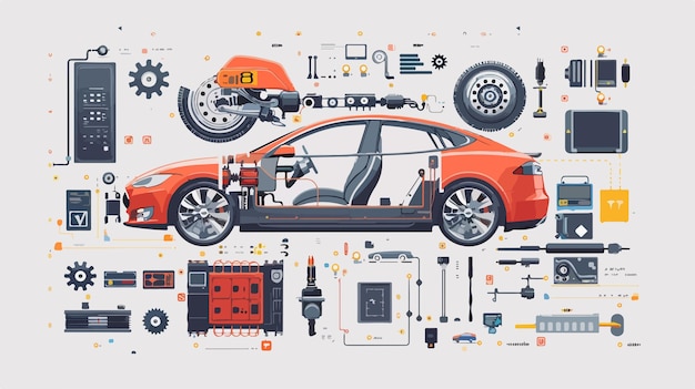 Vector electric car scheme simplified vector illustration