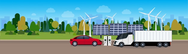 Electric Car And Truck Charging At Station From Wind Trurbines And Solar Panel Batteries Eco Friendle Vechicle Concept