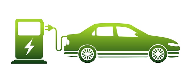 Electric car with plug icon symbol Green hybrid vehicles charging point logotype Eco car concept