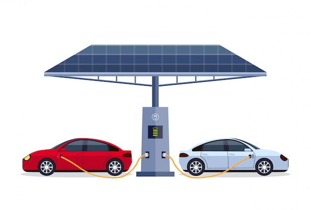 electric cars charging on electrical charge station with solar panel renewable eco friendly vehicle clean transport environment care concept  horizontal