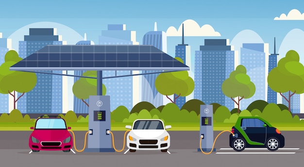 electric cars charging on electrical charge station with solar panels renewable eco friendly transport environment care concept  modern cityscape background horizontal