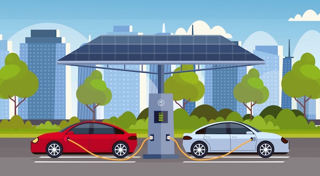 electric cars charging on electrical charge station with solar panels renewable eco friendly transport environment care concept  modern cityscape background horizontal