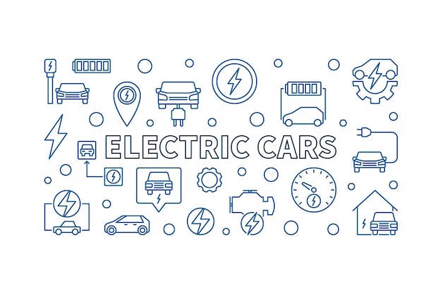 Electric Cars vector horizontal illustration in outline style