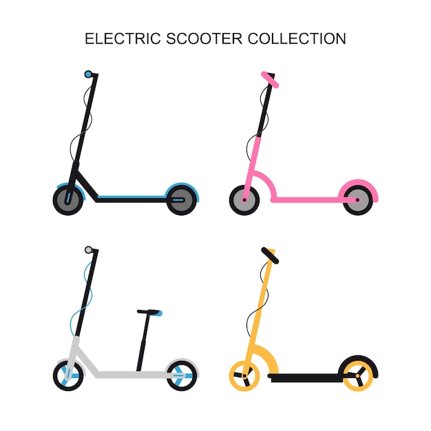 Electric e-bikes and scooter collection in a flat style. Set of eco personal transportation. Vector.