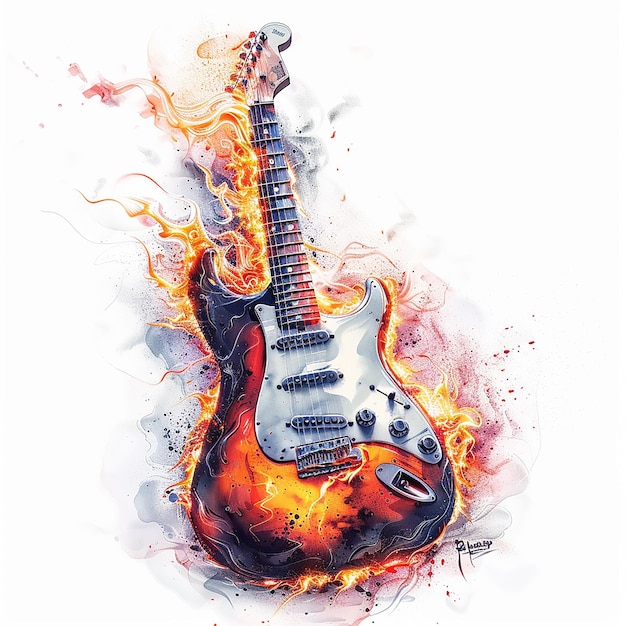 electric guitar on fire tshirt design white background