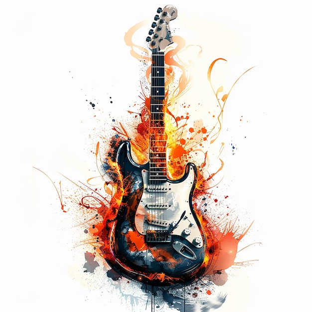 electric guitar on fire tshirt design white background