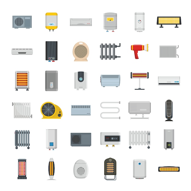 Electric heater device icons set