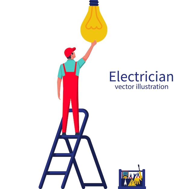 Electric is standing on the ladder screwing the lamp Vector illustration flat design Connecting power Vector flat design Professional electrician Man in uniform at highaltitude work