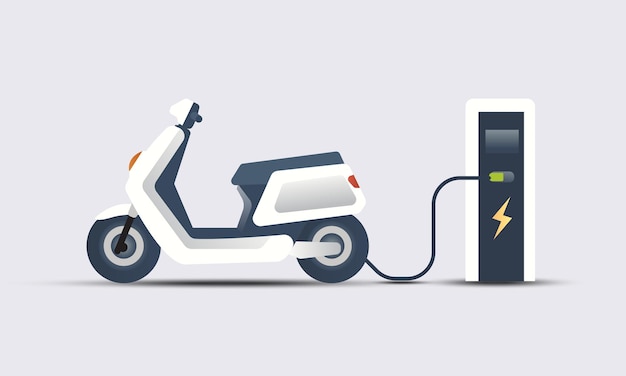 Electric motorcycle with a plug in cable at the charger station Flat style vector illustration