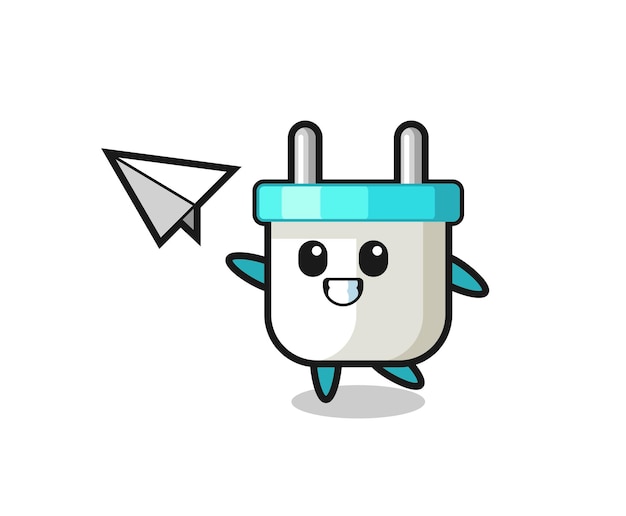 Electric plug cartoon character throwing paper airplane