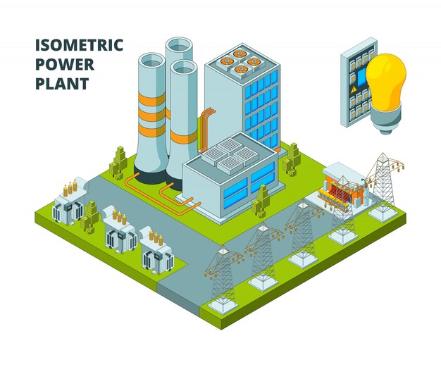 Vector electric power factory. industrial electricity plant or station energy buildings  3d isometric pictures