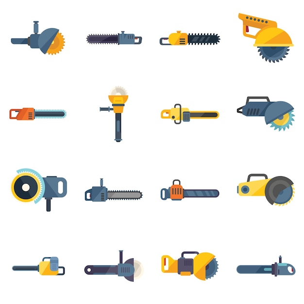 Electric saw icons set flat vector Chainsaw equipment