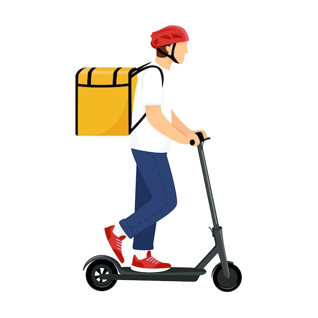 Electric scooter with delivery man flat vector cartoon character Fast courier food mail delivery