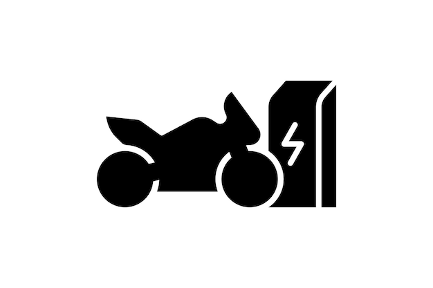 Vector electric sportbike charging in charger station icon electrical motorcycle energy charge black symbol