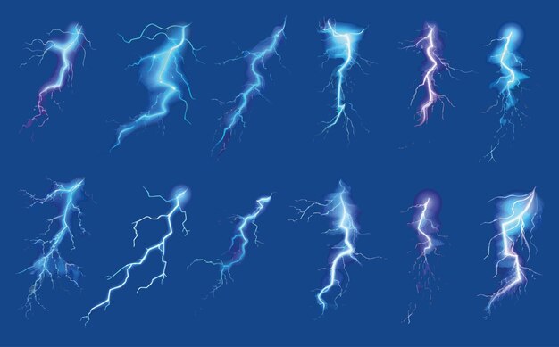 Vector electric thunderbolt strike in blue color during night storm impact crack magical energy flash powerful electrical discharge 3d modern bolts set