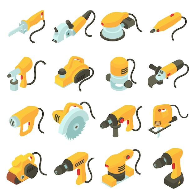 Electric tools icons set. Isometric cartoon illustration of 16 electric tools vector icons for web