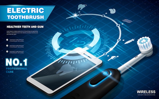 Electric toothbrush ads, connected with smartphone and there are different modes for choice, virtual choice platte float in the air, 3d illustration