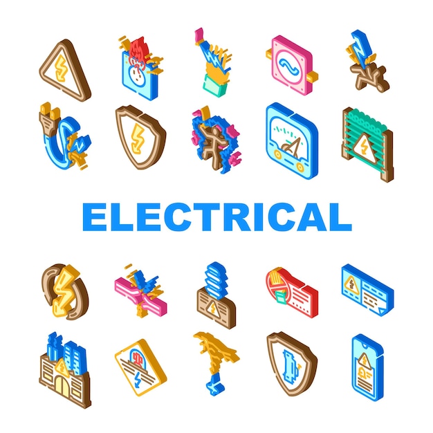 electrical danger voltage icons set vector hazard power energy high safety shock warning volt risk lightning flash triangle electrical danger voltage isometric sign illustrations