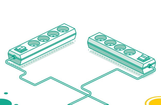 Vector electrical power socket strip isometric outline concept two objects modern electric extension cord powerboard with four slots