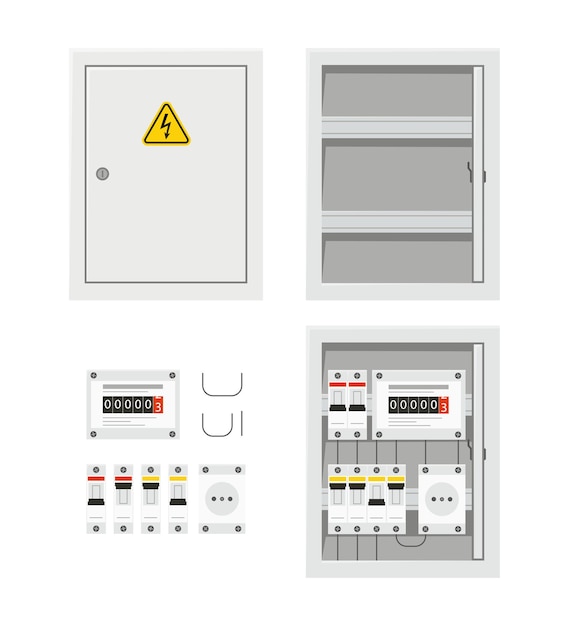 Electrical power switch panel with open and close door. Fuse box.