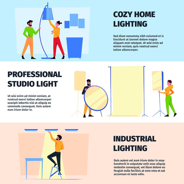 Electrician banners Installing and decorating light bulbs in interior electrician engineers garish vector templates in colored style with place for text